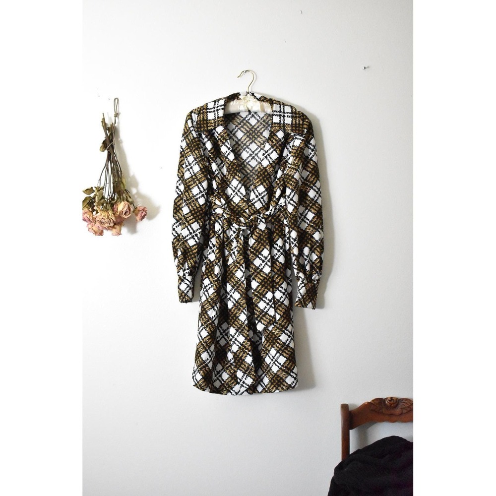 Vintage 70s Mustard Yellow Plaid Wrap Dress V-Neck Long Sleeve Retro Geometric M - Picture 5 of 8